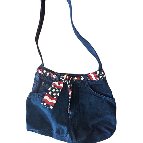 Repurposed Upcycled Denim Purse USA Patriotic Flag Shoulder Bag Bonjour Jeans - Picture 1 of 13